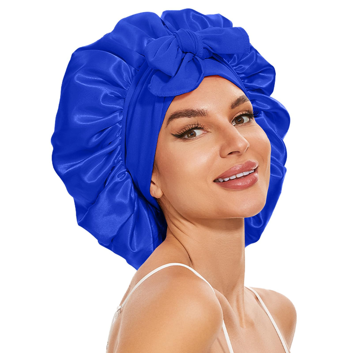 BE BIGEDDIE Large Silk Bonnet - Double Layer Satin Hair Cap for Men & Women, A-03 Blue