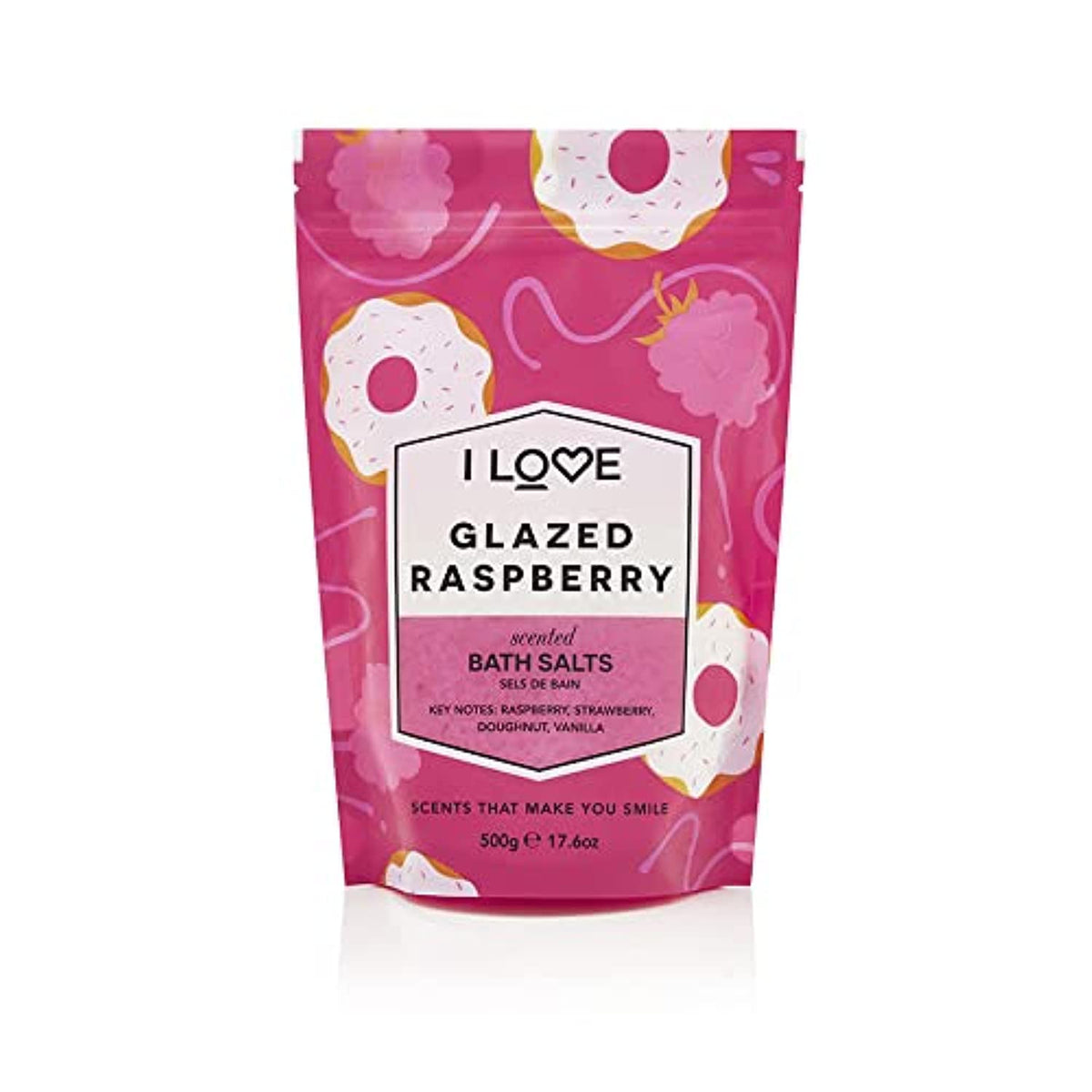 I Love Glazed Raspberry Scented Bath Salts - Soothing Hydrating 17.6 Oz Relaxing Soak