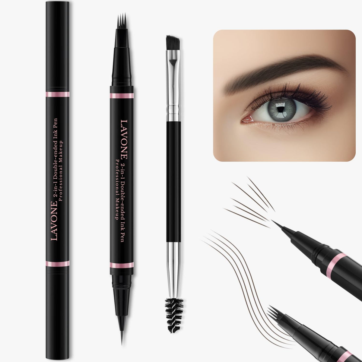 Lavone 2-In-1 Waterproof Eyebrow Pencil & Pen, Medium Brown, Dual-Ended Brush For Natural Brows