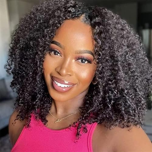 UNICE Glueless Kinky Curly V Part Wig 16 Inch Human Hair 150% Density Natural Black Color