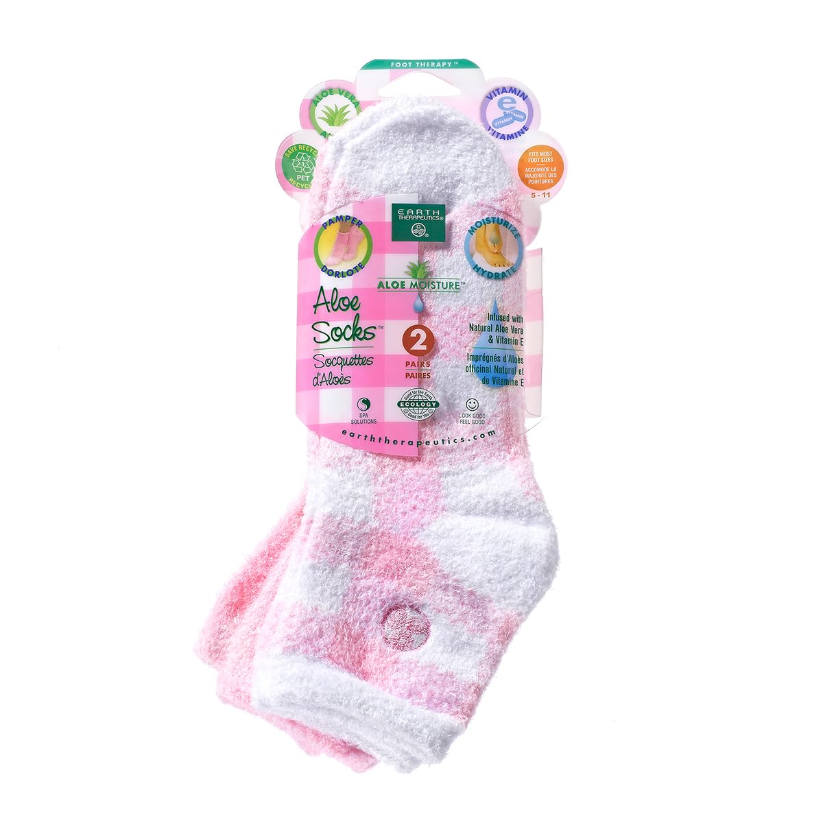 Earth Therapeutics Aloe Socks - Pink Plaid, 2 Pairs, Nylon Blend Comfort