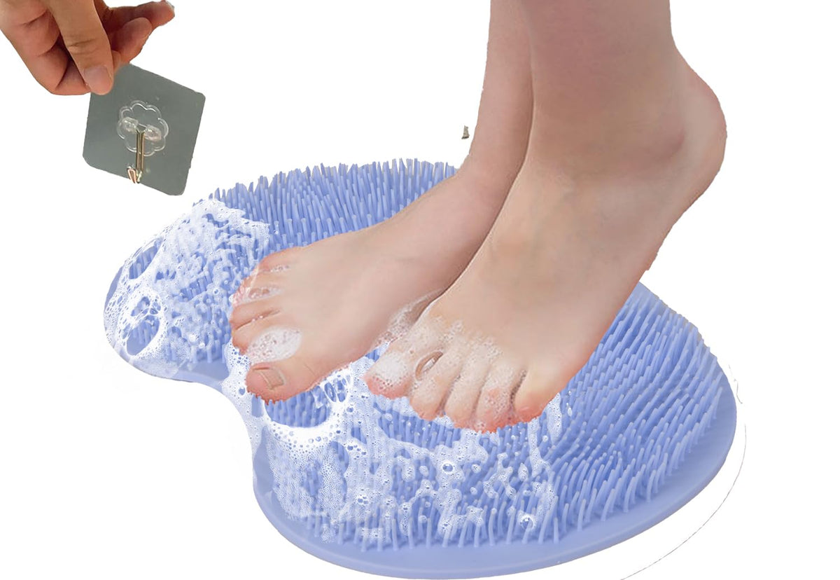 Baozminan Blue Shower Foot And Back Scrubber With Suction Cups - Silicone Wash Brush