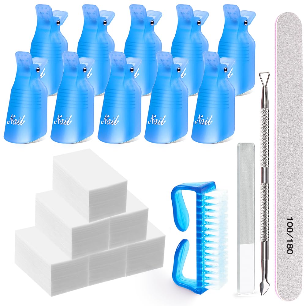 MORGLES Gel Polish Remover Kit - 10 Nail Clips, 300 Cotton Pads, File & Brush, Blue