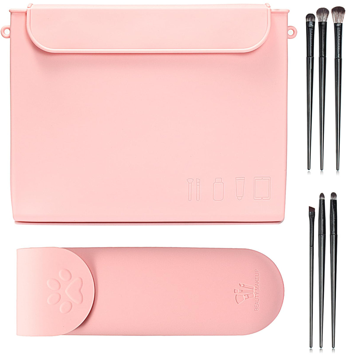 Letgo Silicone Makeup Bag Set - 2Pcs Travel Case With 6 Eyeliner Brushes, B-Pink