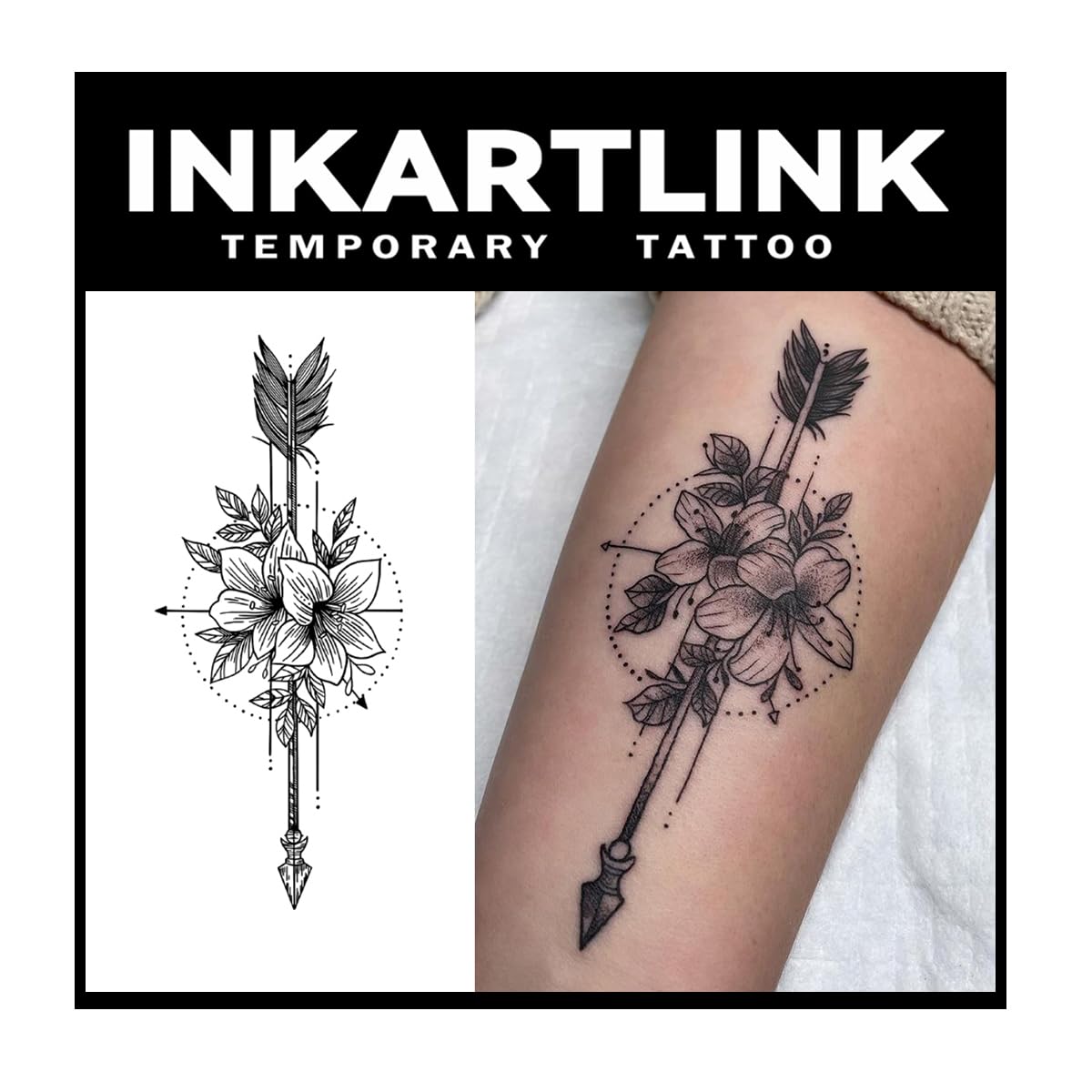 Inkartlink Large Semi Permanent Flower & Arrow Temporary Tattoos - Waterproof, Realistic Design