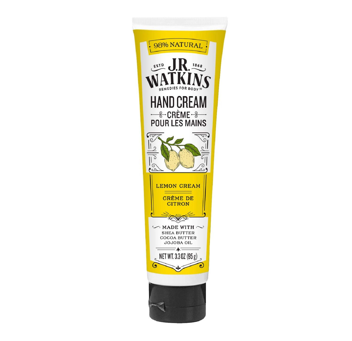 J.R. Watkins Hand Cream, Moisturizing With Shea Butter & Avocado Oil, 3.3Oz, Lemon Cream