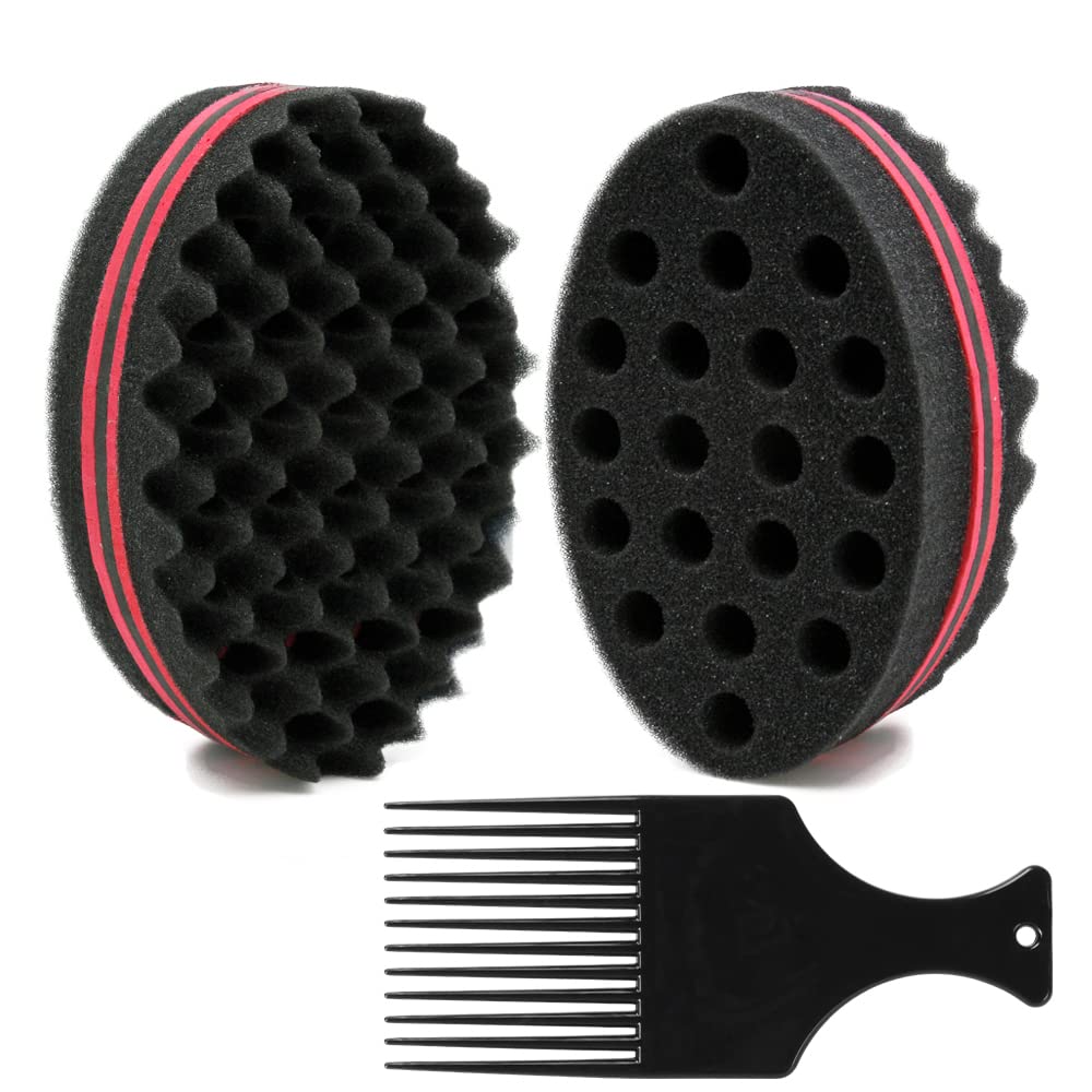 BEWAVE Hair Brush Sponge for Dreads & Curls - 2 Pcs with Hair Pick, Red, Eva & Sponge Material