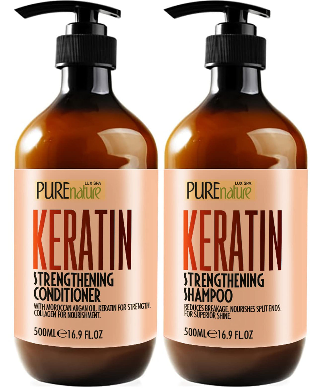 Keratin Shampoo & Conditioner Set - Sulfate Free, Moisturizing, Thickening - Pure Nature Lux Spa