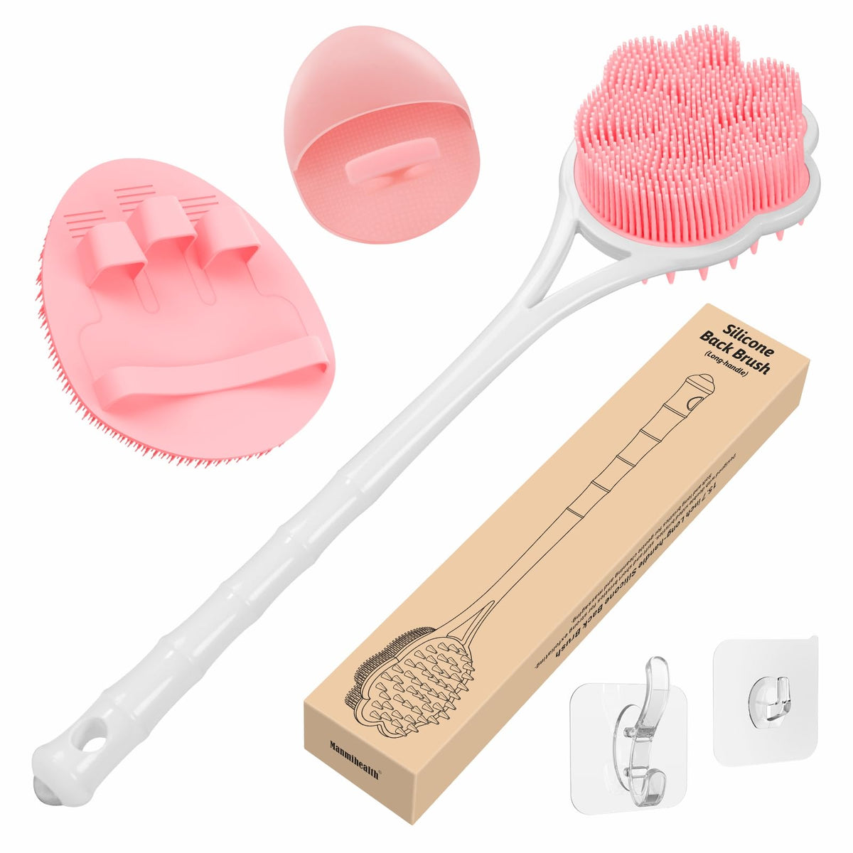 Manmihealth 15.7&quot; Pink Silicone Back Scrubber & Face Brush Set, Soft Paw-Shaped 3 Pcs