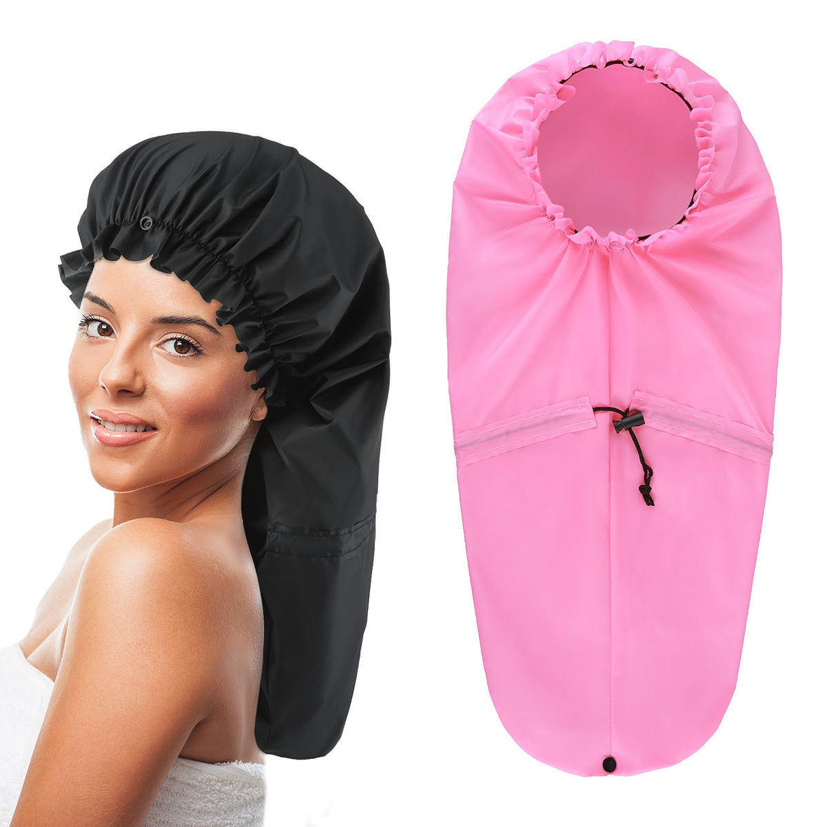 Abeillo 2 Pcs Large Waterproof Shower Cap For Long Hair & Dreadlocks - Black & Pink