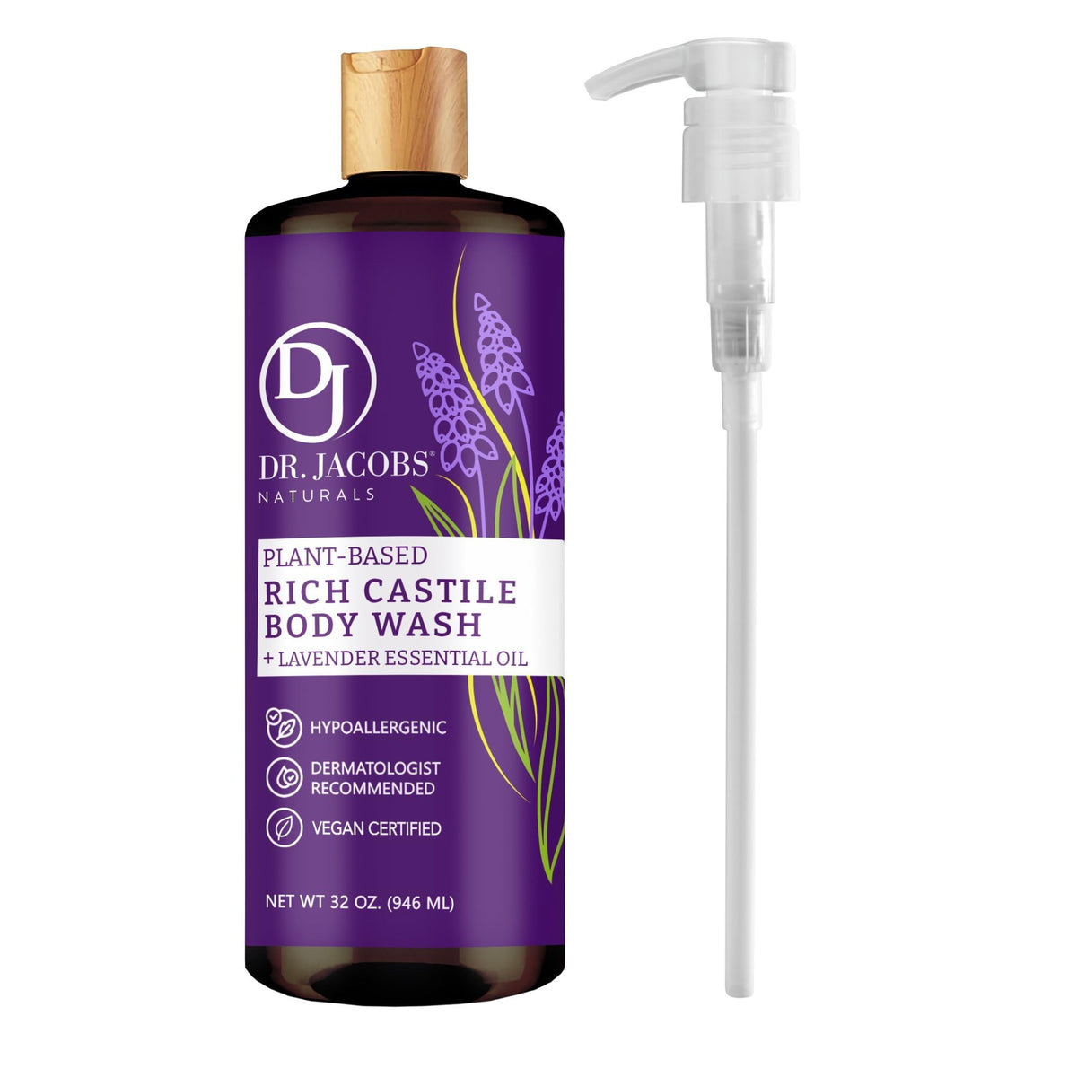 Dr Jacobs Naturals Lavender Pure Castile Liquid Soap Gel - 32 Oz, Vegan, Hypoallergenic