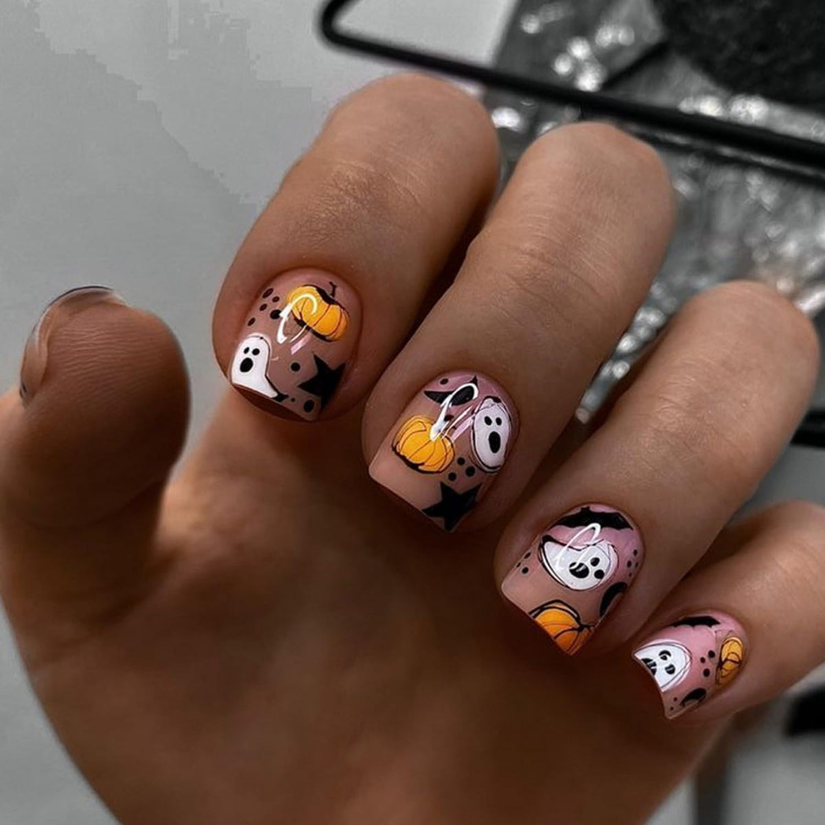 Fukidog Halloween Press On Nails - Short Acrylic With Bat & Pumpkin Designs, Reusable Full Cover