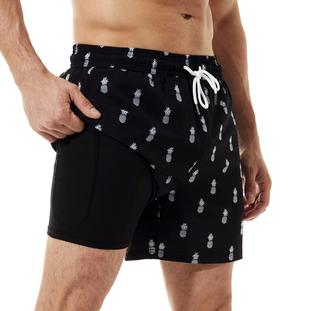 Brisira Men'S Quick Dry Swim Trunks 5&quot; Inseam, Compression Liner, Zipper Pocket - Black Pineapple