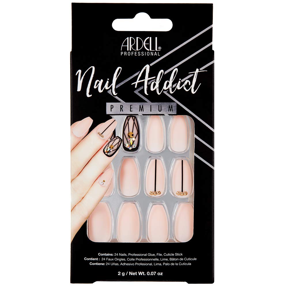 Ardell Nail Addict 24-Pc Premium Press-On Nails, Blush Geometric Crystals, Long Ballerina Shape