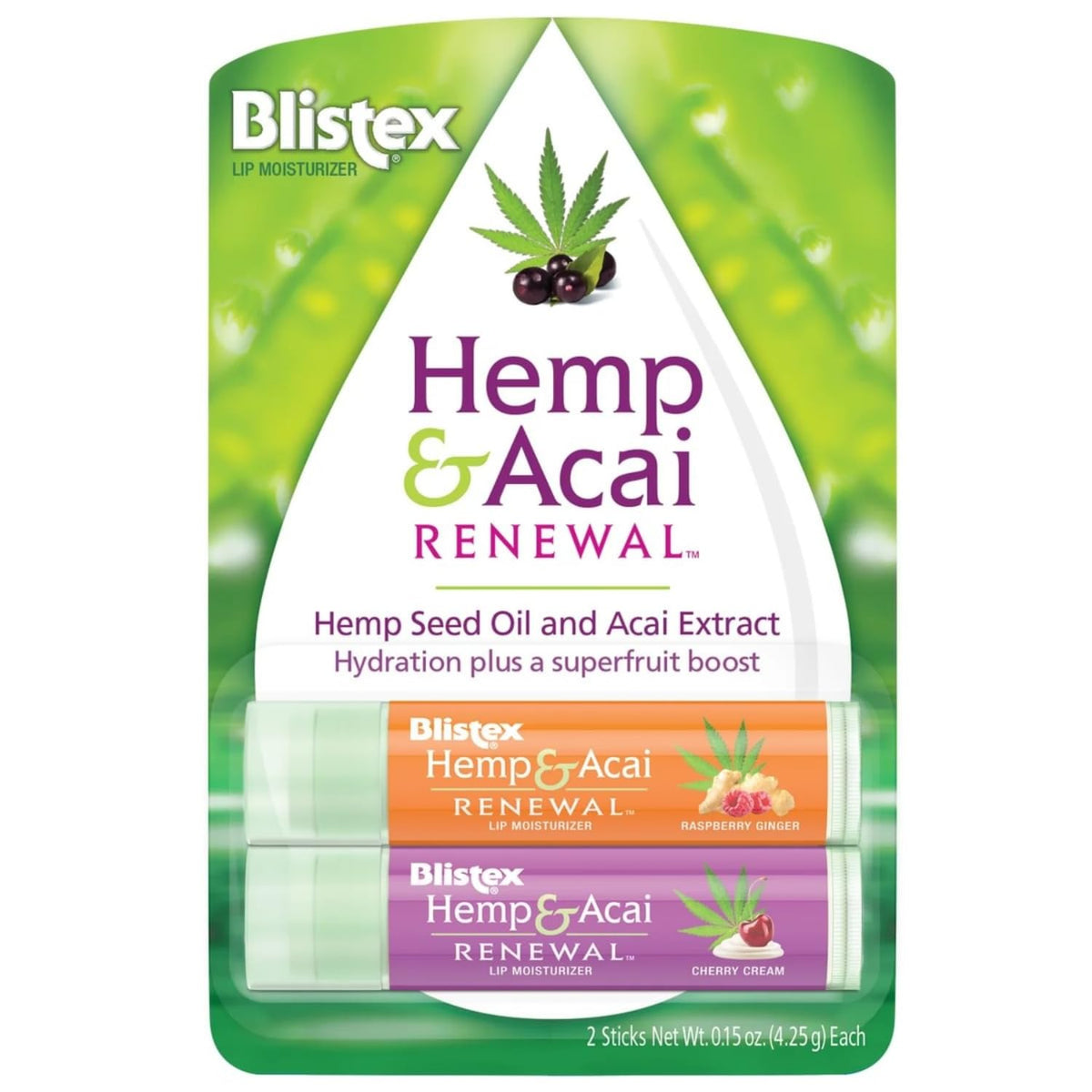 Blistex Hemp & Acai Renewal Lip Balm, 2 Count - Moisturizing Raspberry Ginger & Cherry Cream