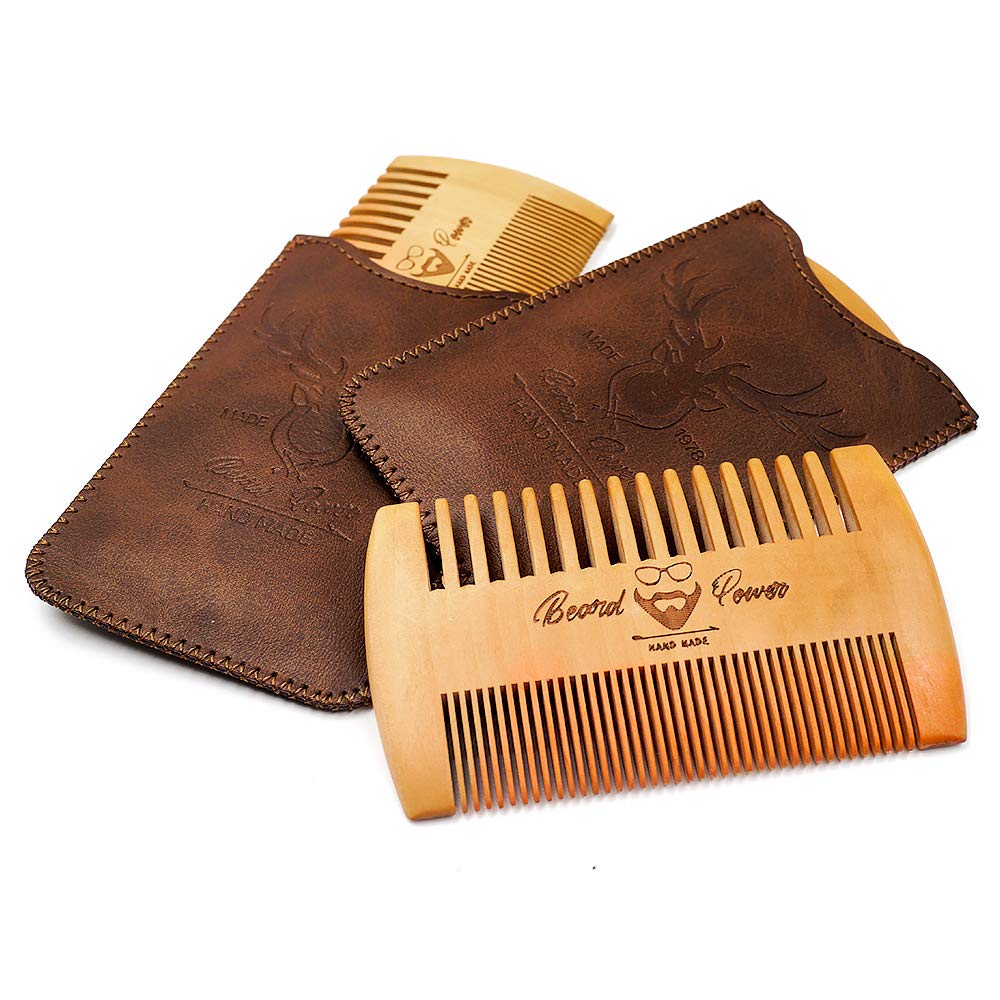 Menesia Wooden Beard Combs - 3 Piece Set with Durable Cases for Fine & Coarse Beards, Brown Design