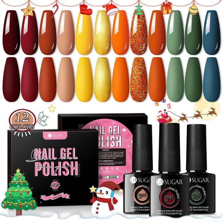 Ur Sugar 12 Colors Christmas Gel Nail Polish Set - Red, Green, Glitter For Autumn & Halloween Gifts