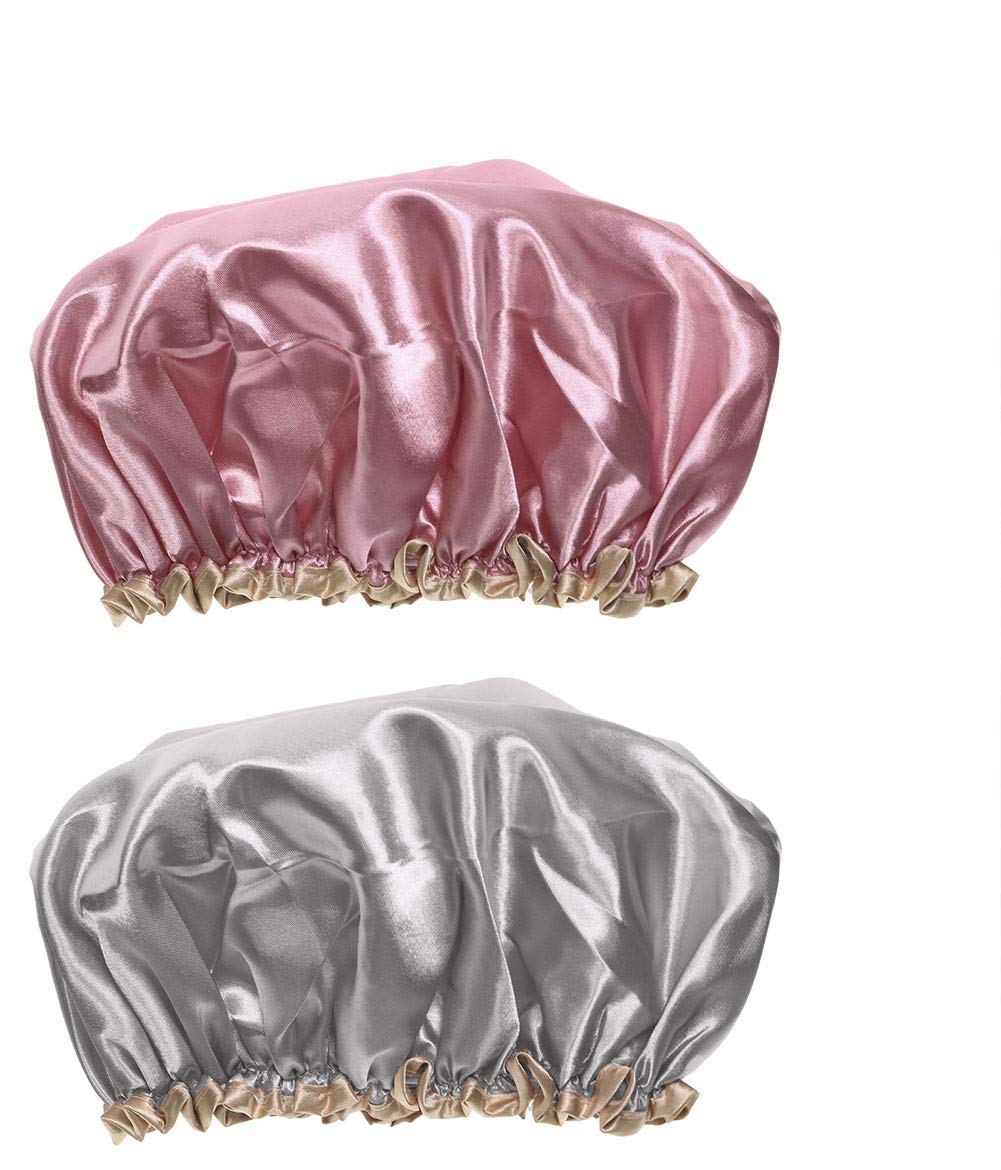 Mini Skater Satin Shower Caps For Women - Waterproof, Reusable, Stylish, Large, Pink/Grey