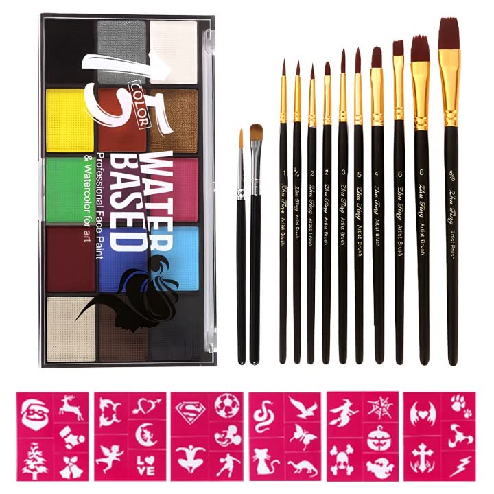 Volluck Face Painting Kit - 15 Colors, 12 Brushes, 6 Stickers For Halloween & Cosplay