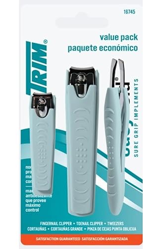 Trim Toenail Clipper Set - Blue Alloy Steel Nail Clippers, 3 Count Pack