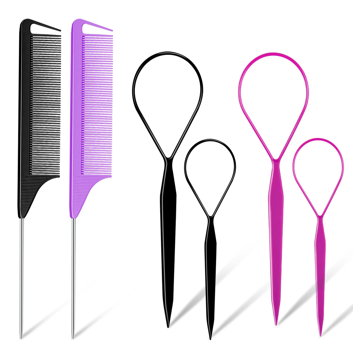 TsMADDTs Hair Loop Tool Set - 6 Pack, 2 Braid Loops & Rat Tail Combs in Black & Purple