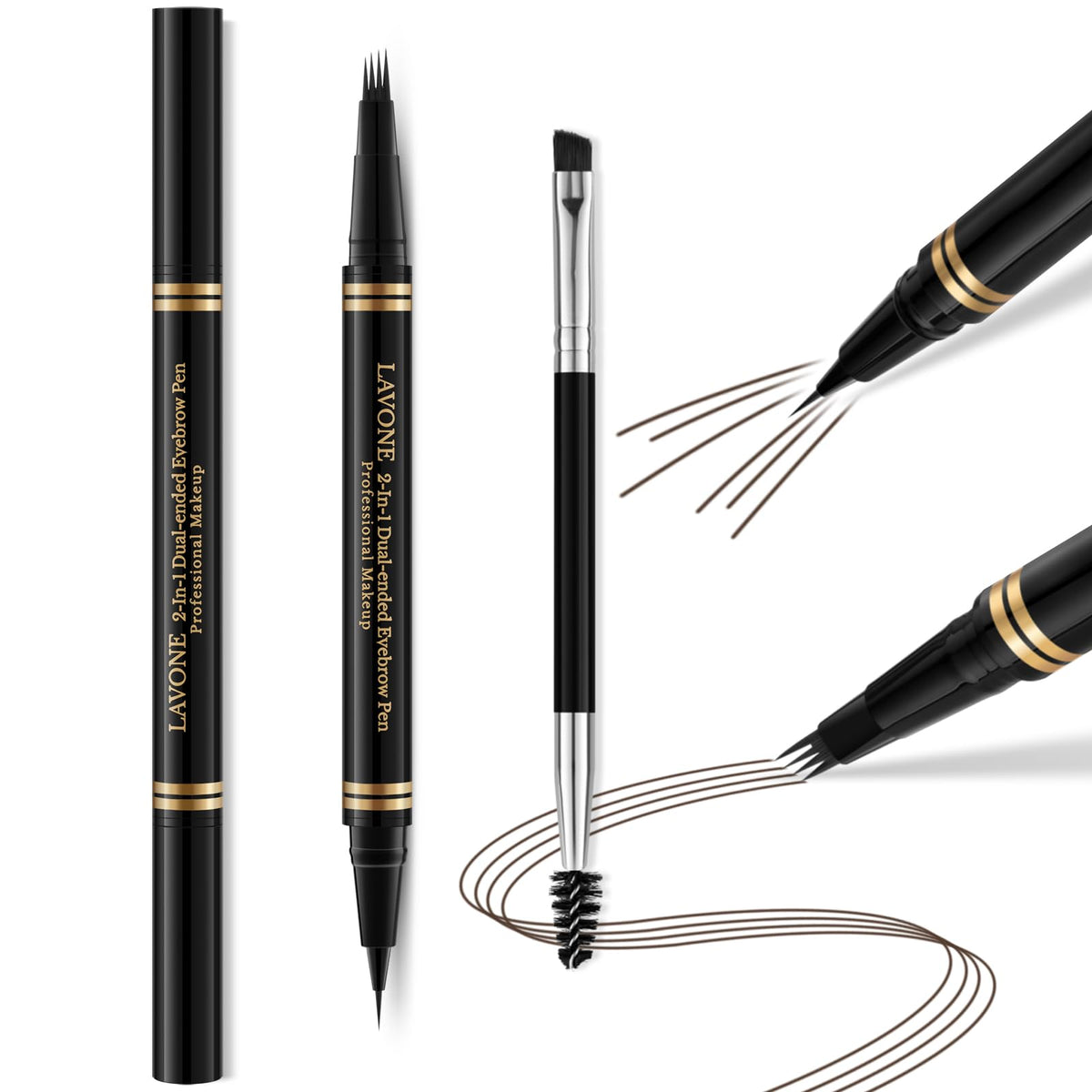 Lavone 2-In-1 Waterproof Eyebrow Pen & Pencil, Microblading & Precise Brush, Ebony