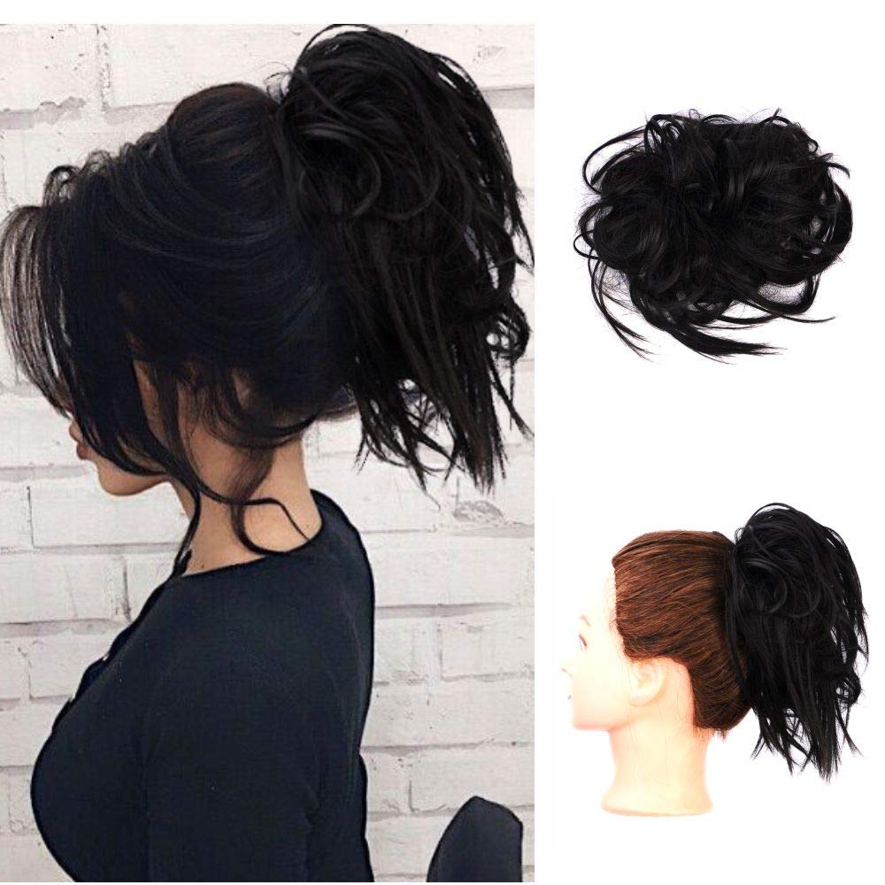 Lativ Black Messy Hair Bun Scrunchie Extension With Elastic Band - Tousled Updo For Women