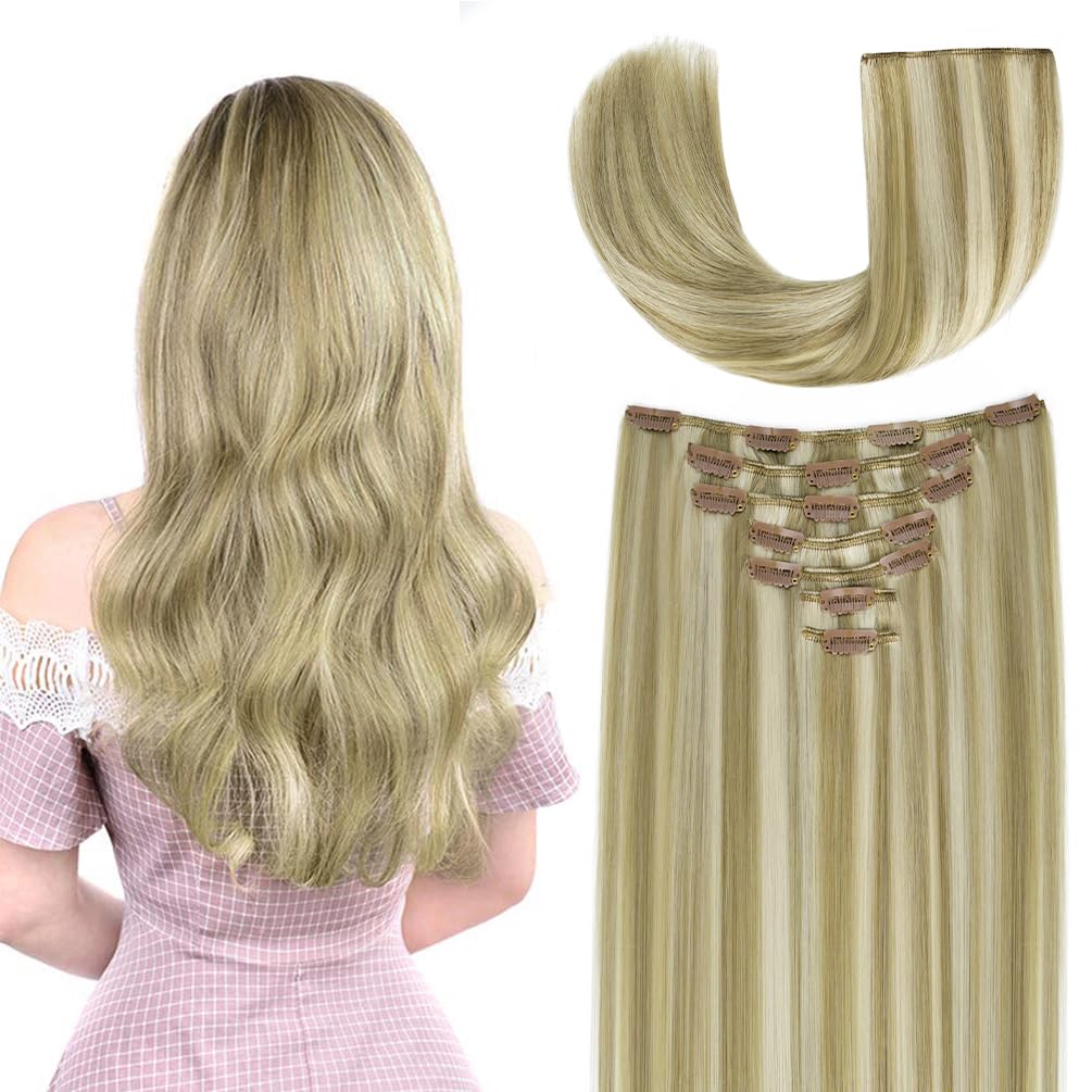 Winsky 20 Inch Clip-in Remy Human Hair Extensions, 155g, Ash Blonde Highlighted #17A-60A,