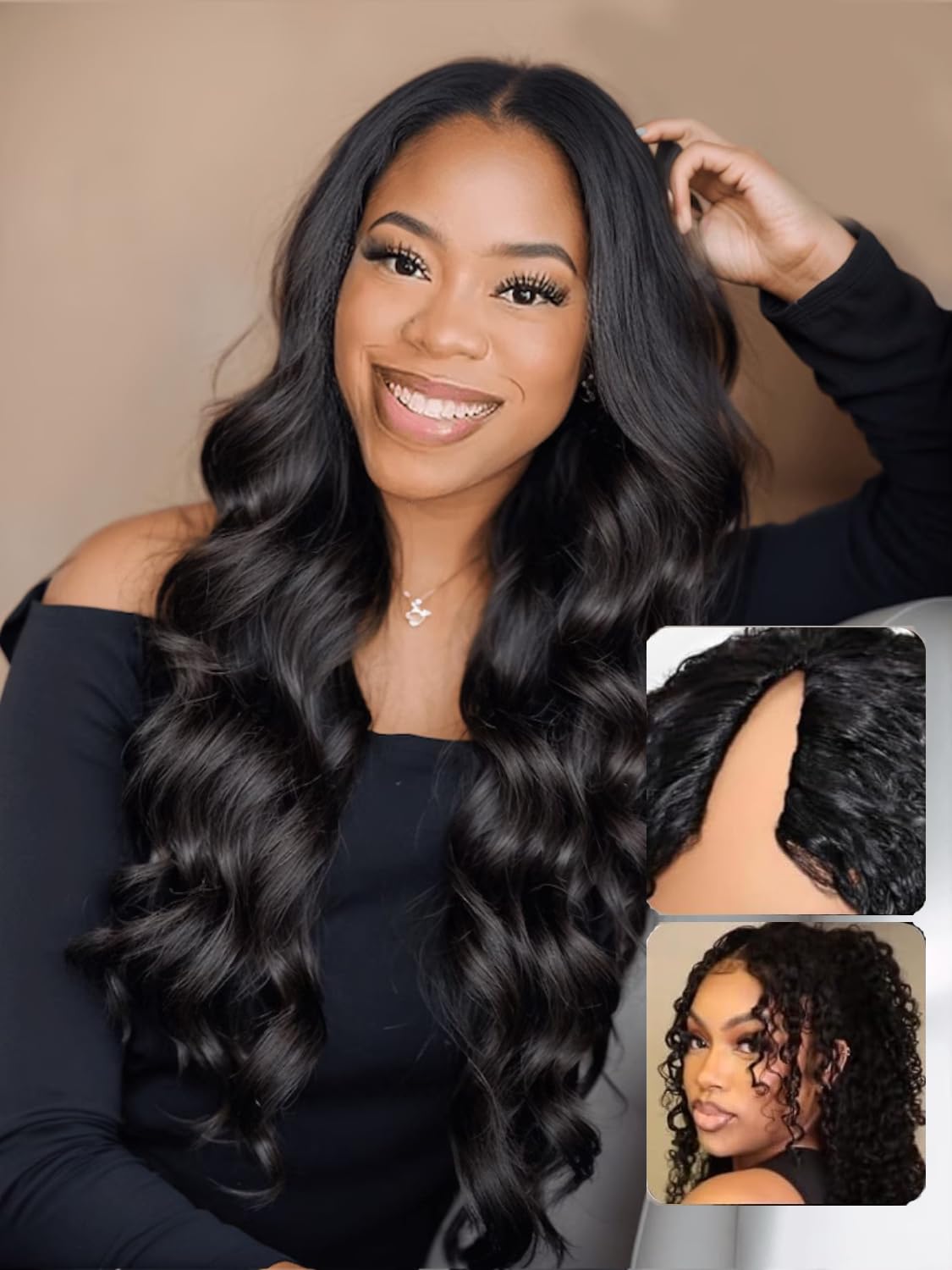 Unice 24&quot; Easicontour V Part Wig - Glueless Body Wave Human Hair, Natural Black, 150% Density