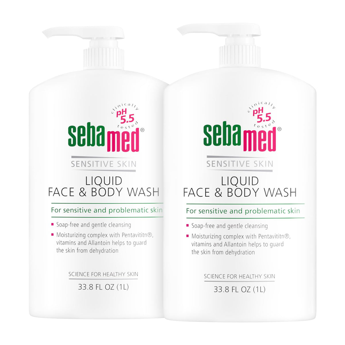 Sebamed Paraben-Free Face & Body Wash Pump For Sensitive Skin, 33.8 Fl Oz, 2-Pack, Green