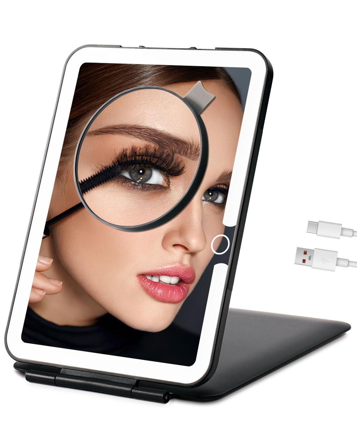 Lukymiro Rechargeable Makeup Mirror With Lights, 10X Magnification, Portable Black Vanity Mirror