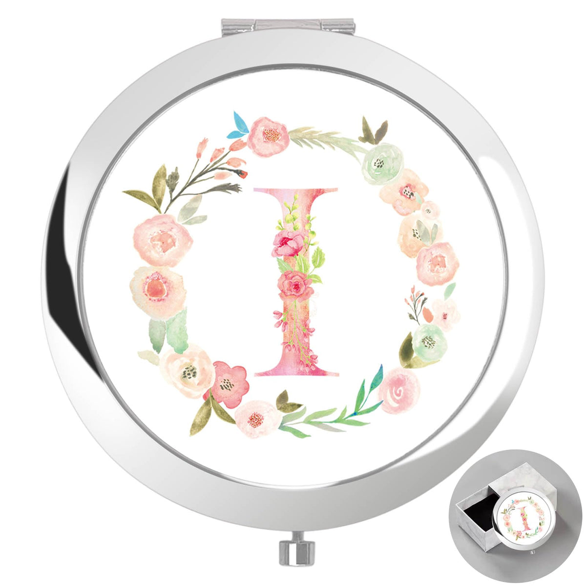 Boutikpro Personalized Compact Mirror With Box For Women - Floral Monogram Silver Gift