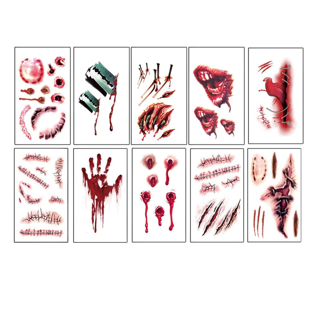 Gibaniza Horror Fake Bloody Wound Temporary Tattoo Stickers - 12 Pcs Waterproof Makeup Props