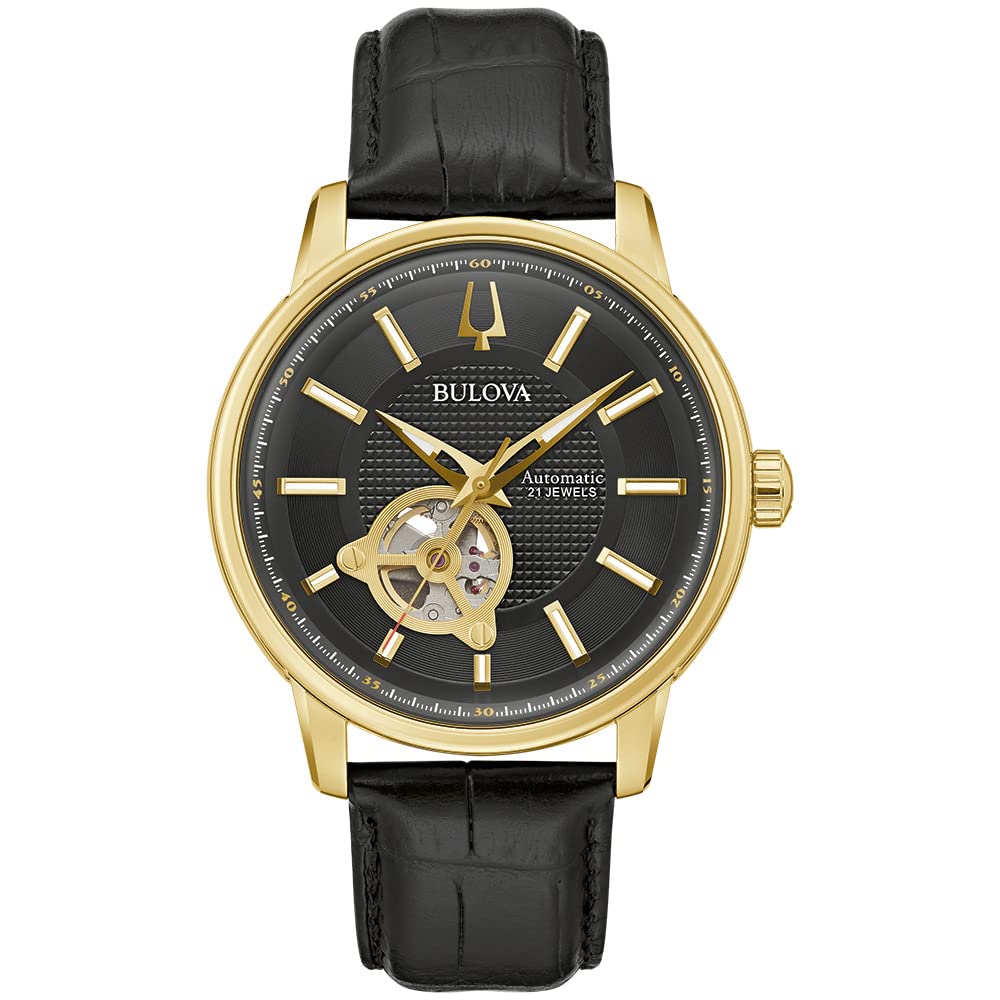 Bulova Men'S Classic 3-Hand Automatic Watch, Black Strap, Gold Tone, Luminous Hands, 97A166