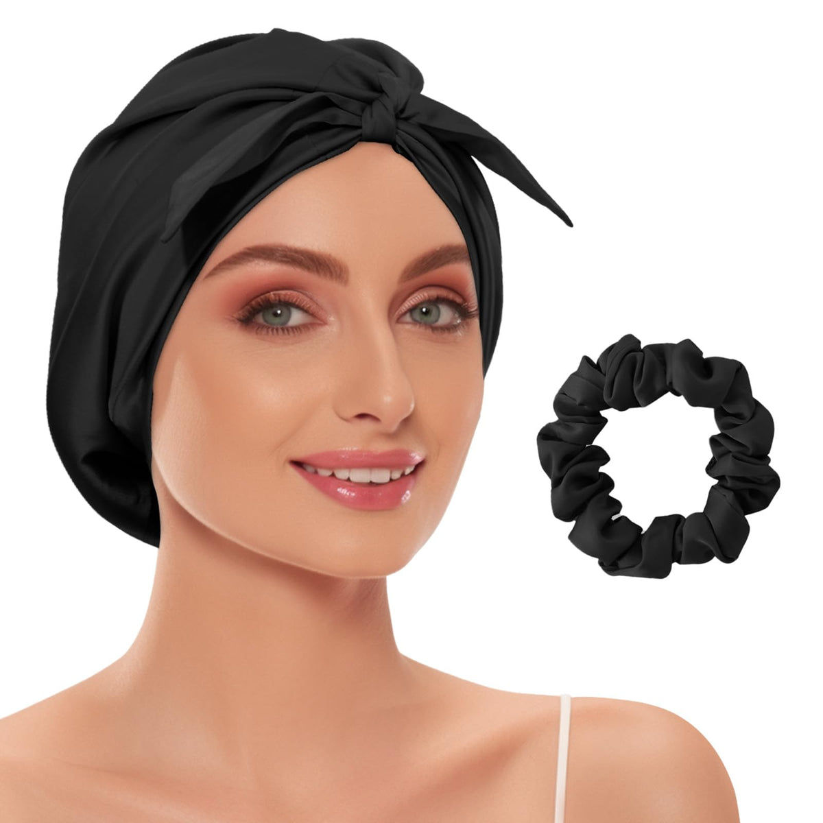 Demazalo 22 Momme 100% Mulberry Silk Hair Bonnet For Curly Hair - Black Sleep Cap