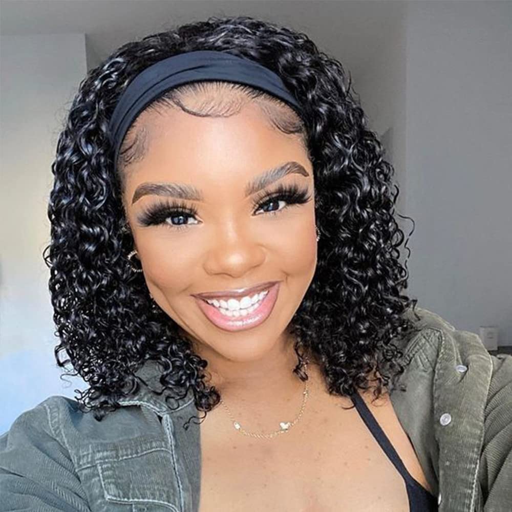 Aisi 10&quot; Curly Headband Wig For Black Women - Deep Wave Human Hair, 150% Density