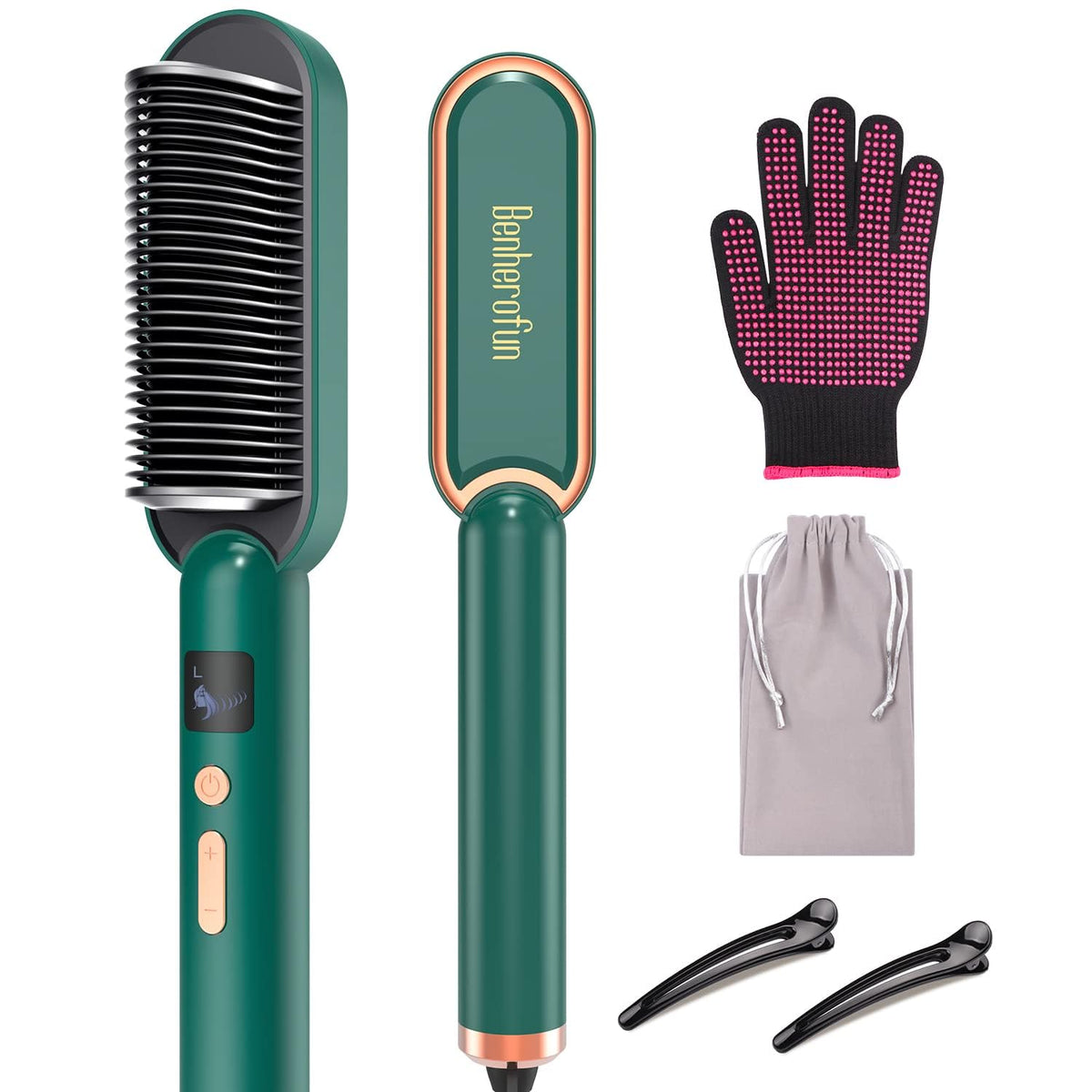 Benherofun Hair Straightener Brush - 30S Fast Heating Ceramic Comb with 3 Temp Settings, Green