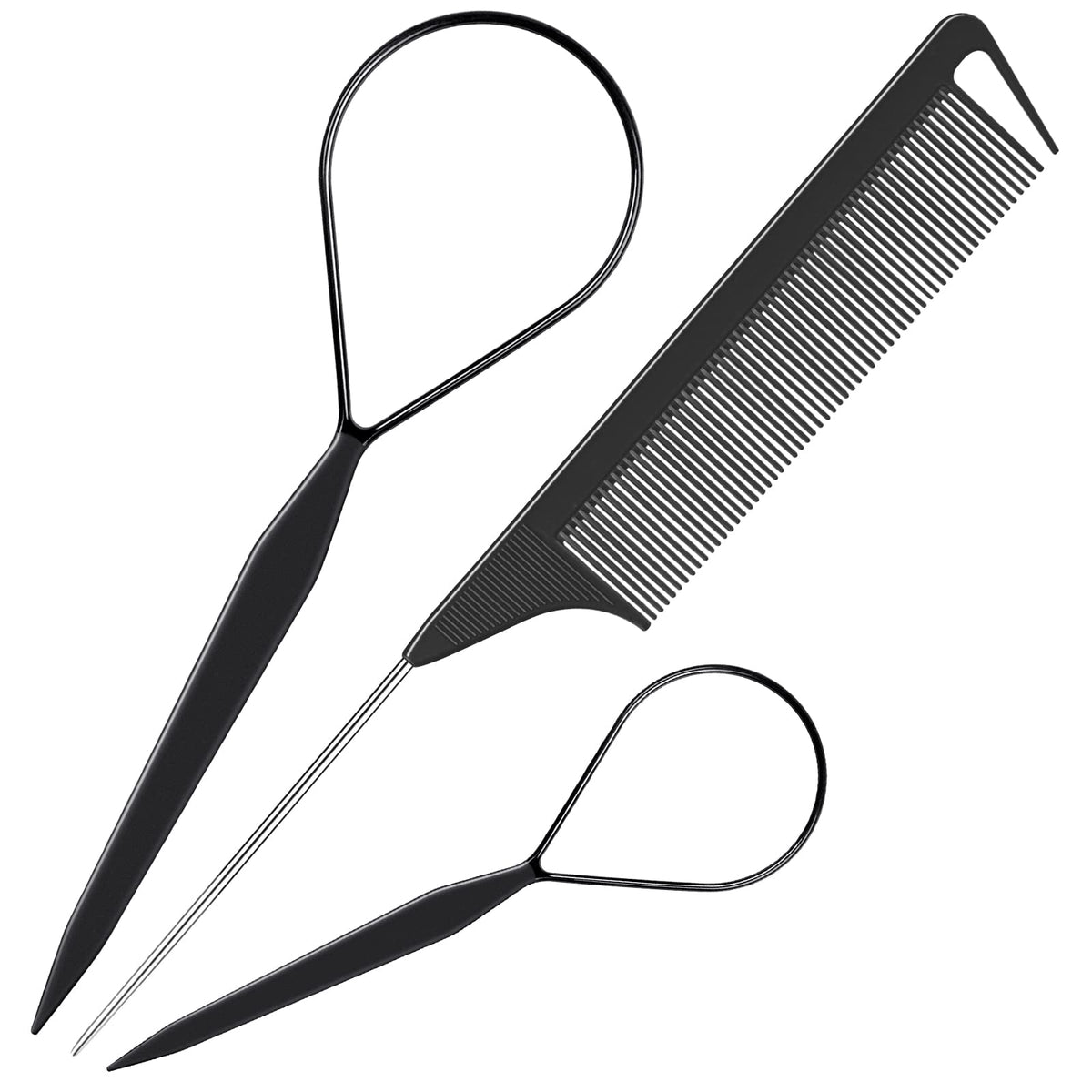 TsMADDTs Hair Tail Tools Set - 3Pack Loop & Rat Tail Comb for Braiding, Black Metal