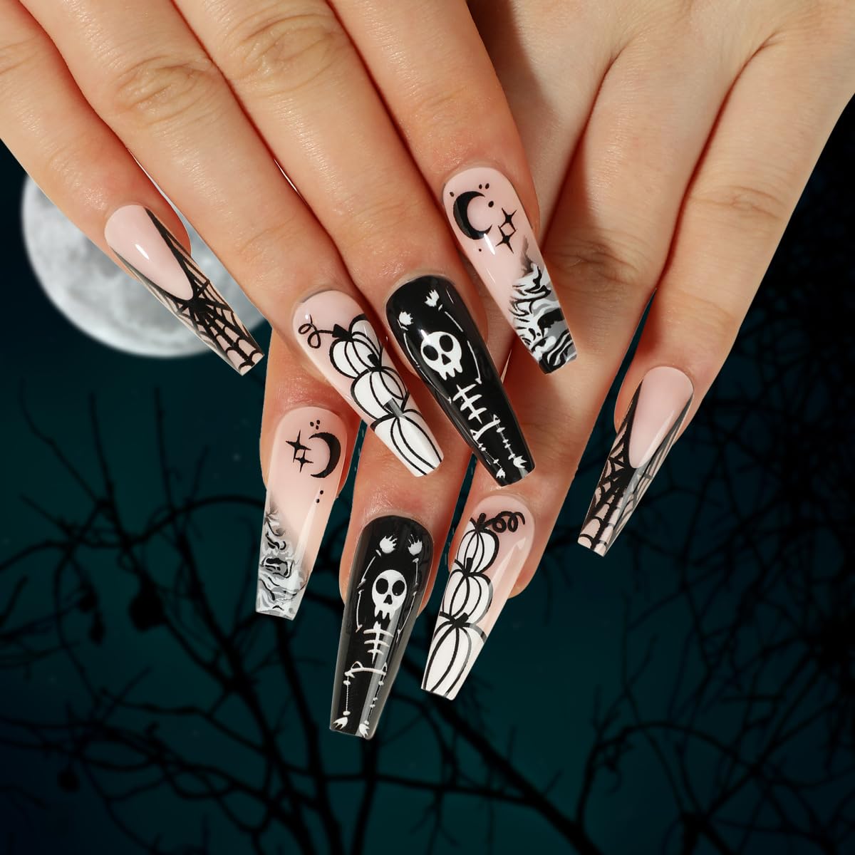 Puyokinm Halloween Press On Nails - Long Square Acrylic Coffin Nails With Spider Web & Skull Designs