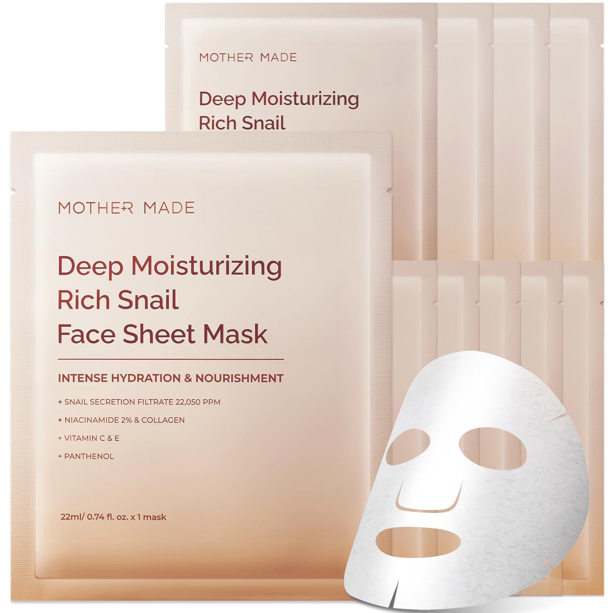 Mother Made Snail Mucin Face Masks - Anti-Aging, Collagen & Niacinamide, 10 Count For Sensitive Skin