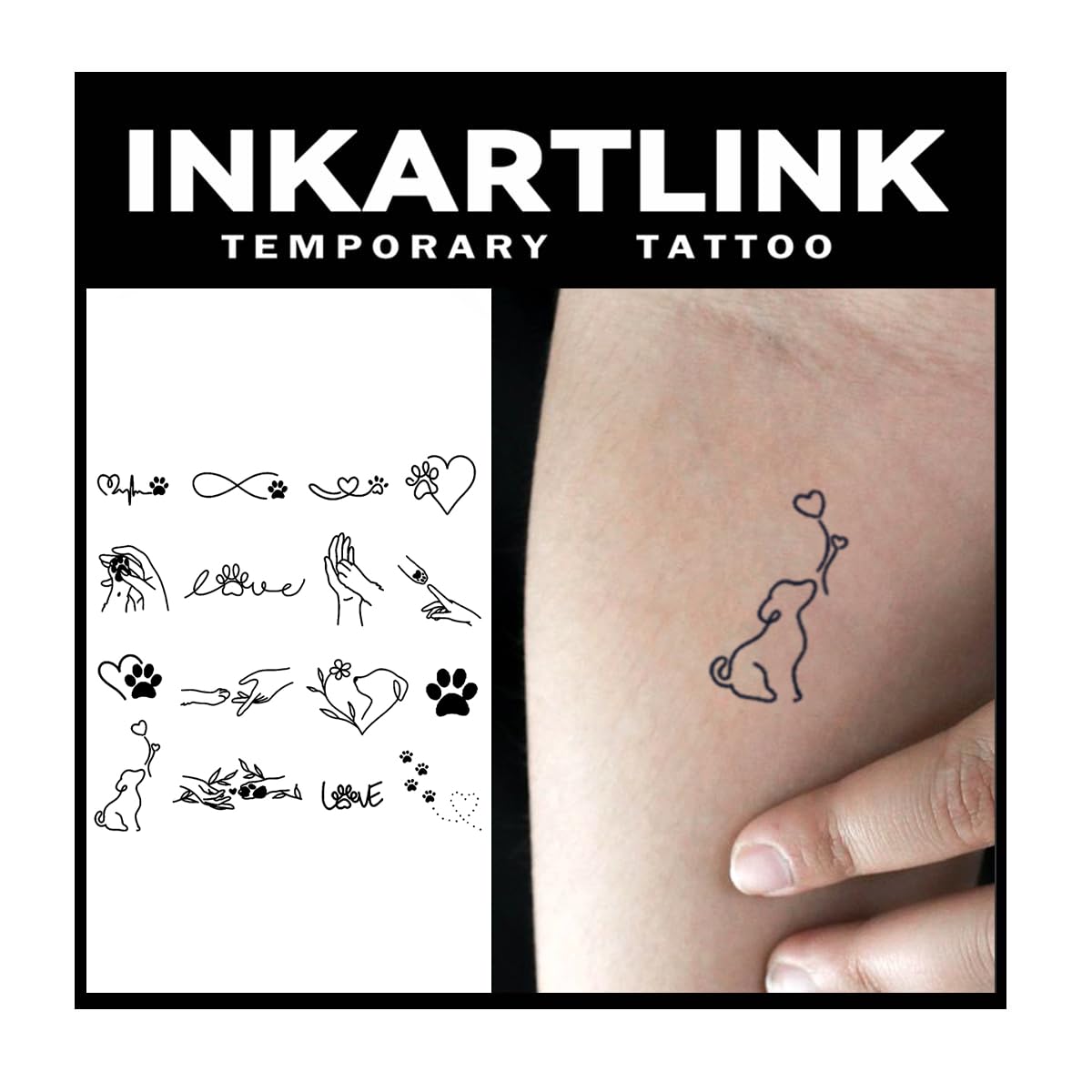 Inkartlink Small Semi Permanent Tattoo Sheet - 15 Waterproof Designs, Realistic Love Dogs