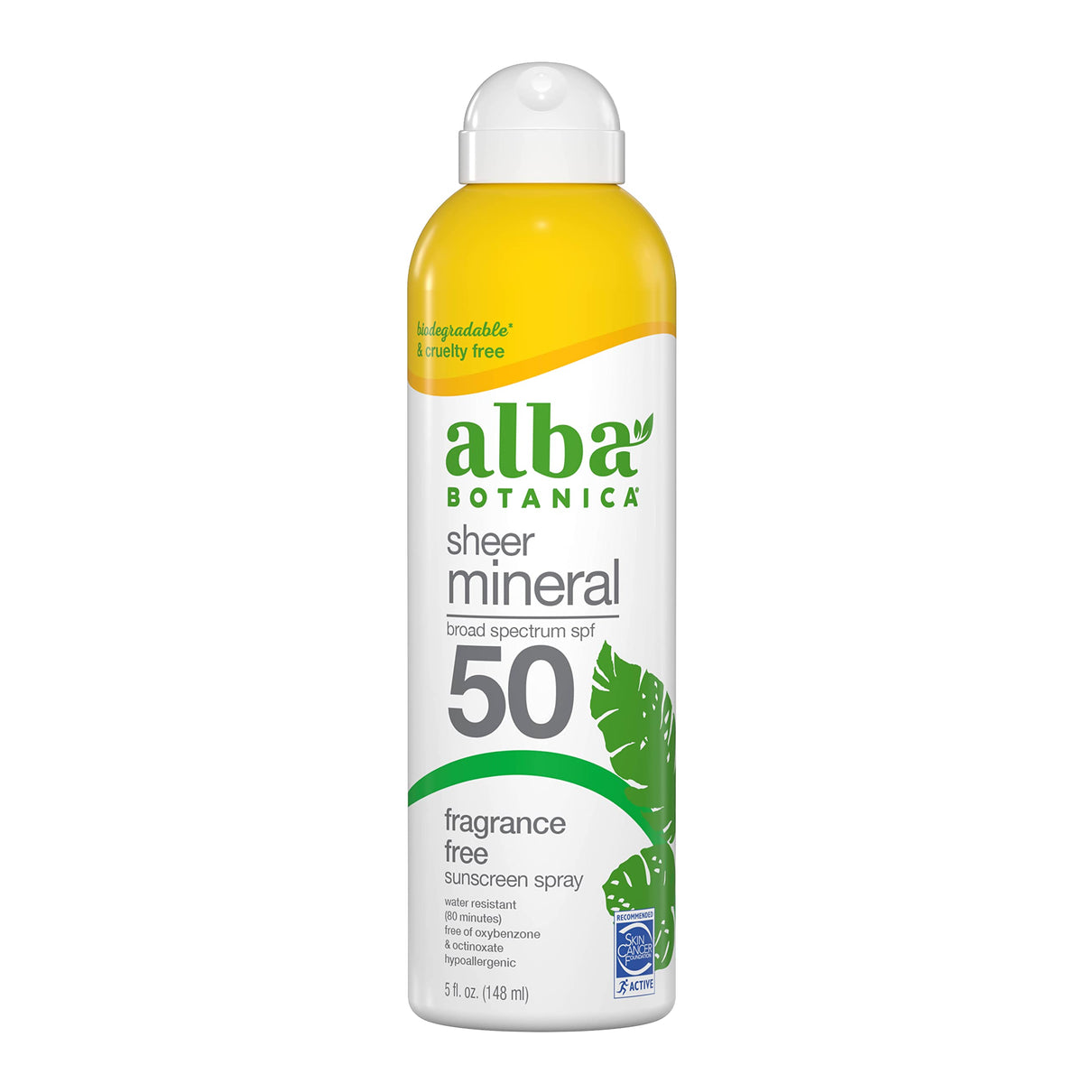 Alba Botanica Sheer Mineral Sunscreen Spray Spf 50, Fragrance-Free, 5 Fl Oz, Biodegradable