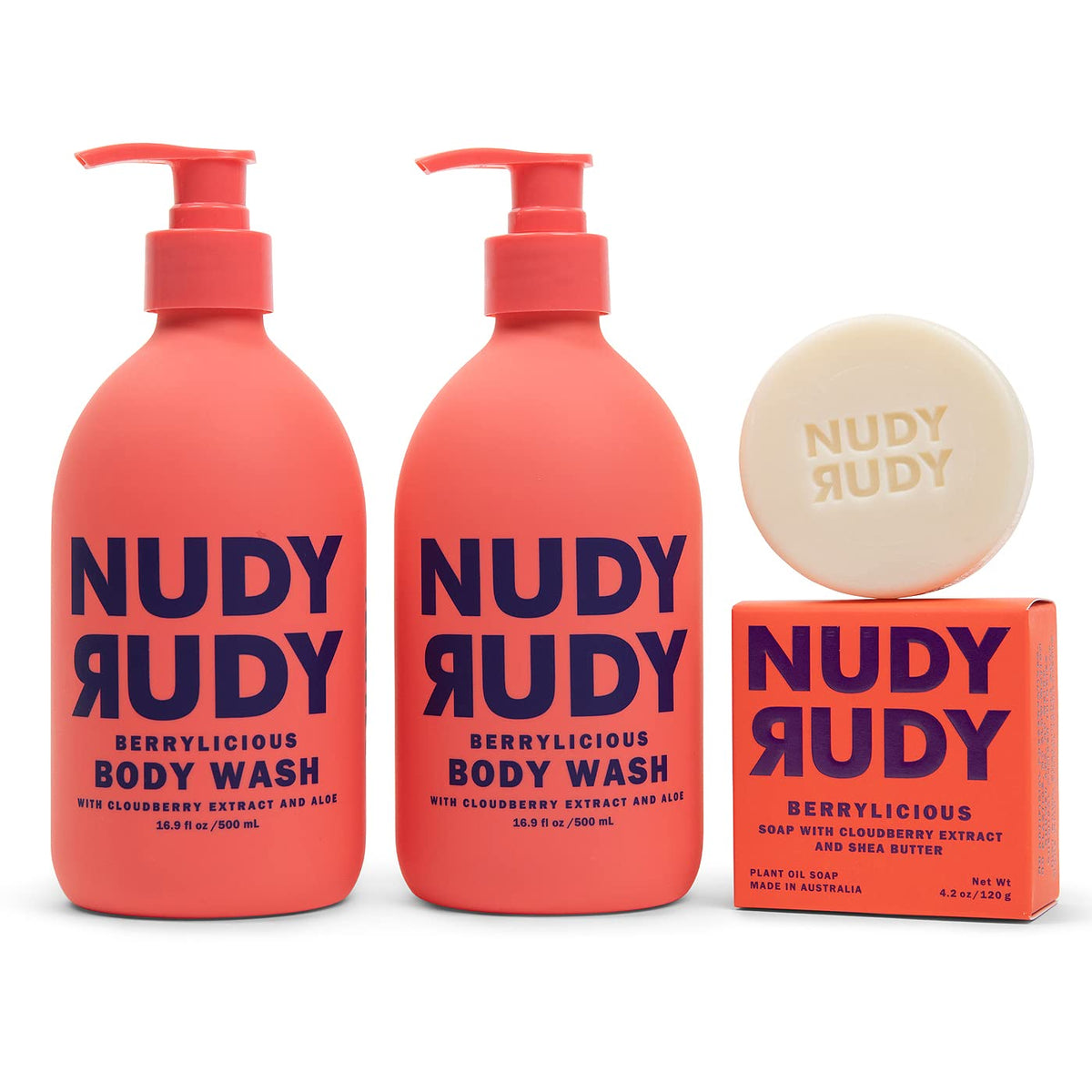 Nudy Rudy Berrylicious Body Wash Bundle - Aloe Vera & Vitamin E, 2 Pack With Soap Bar