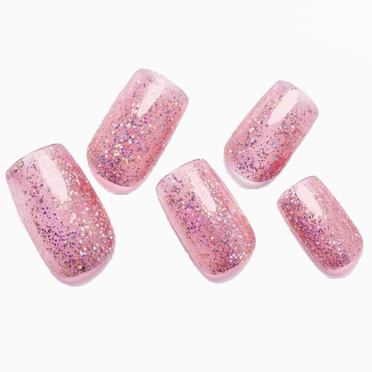 GLAMERMAID Press On Nails - Short Medium Glitter Pink French Square Reusable 75 Piece Set