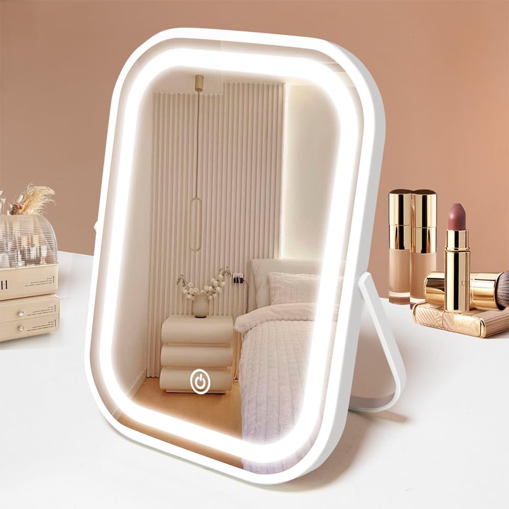 Yekkopt Portable Led Travel Makeup Mirror With Lights, Dimmable Touch Screen, White