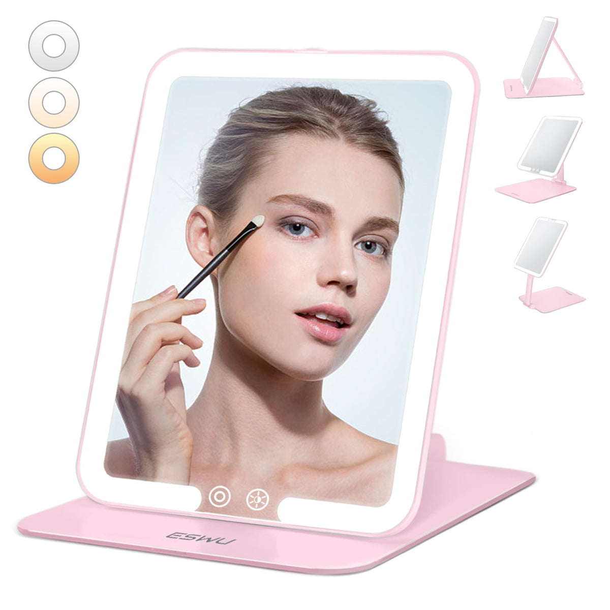 Eswu Portable Led Travel Makeup Mirror, 58 Leds, 3 Light Modes, Adjustable Stand, Pink