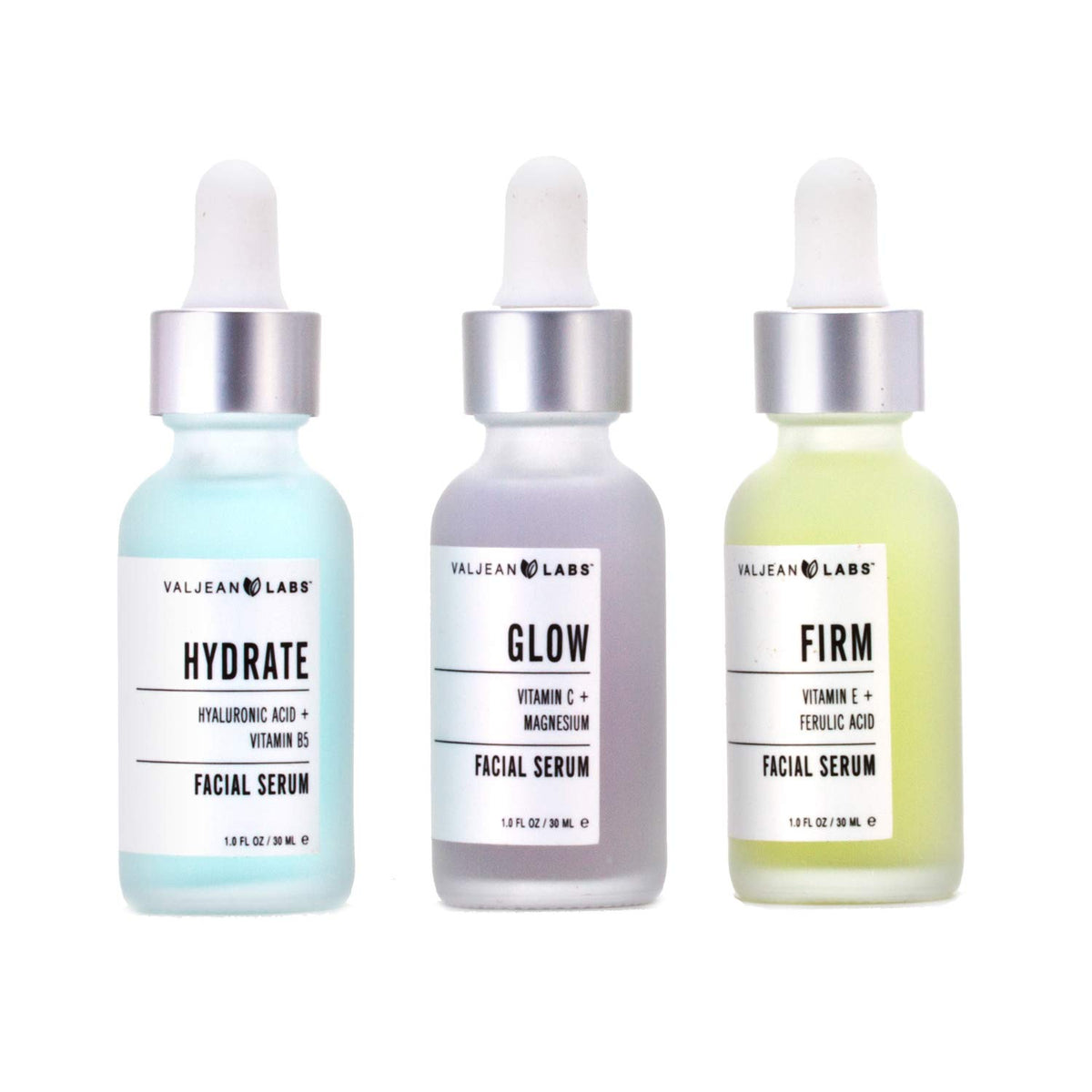 Valjean Labs Facial Serum Combo Pack - Hydrate, Glow, Firm | Paraben & Cruelty Free, 3 Fl Oz