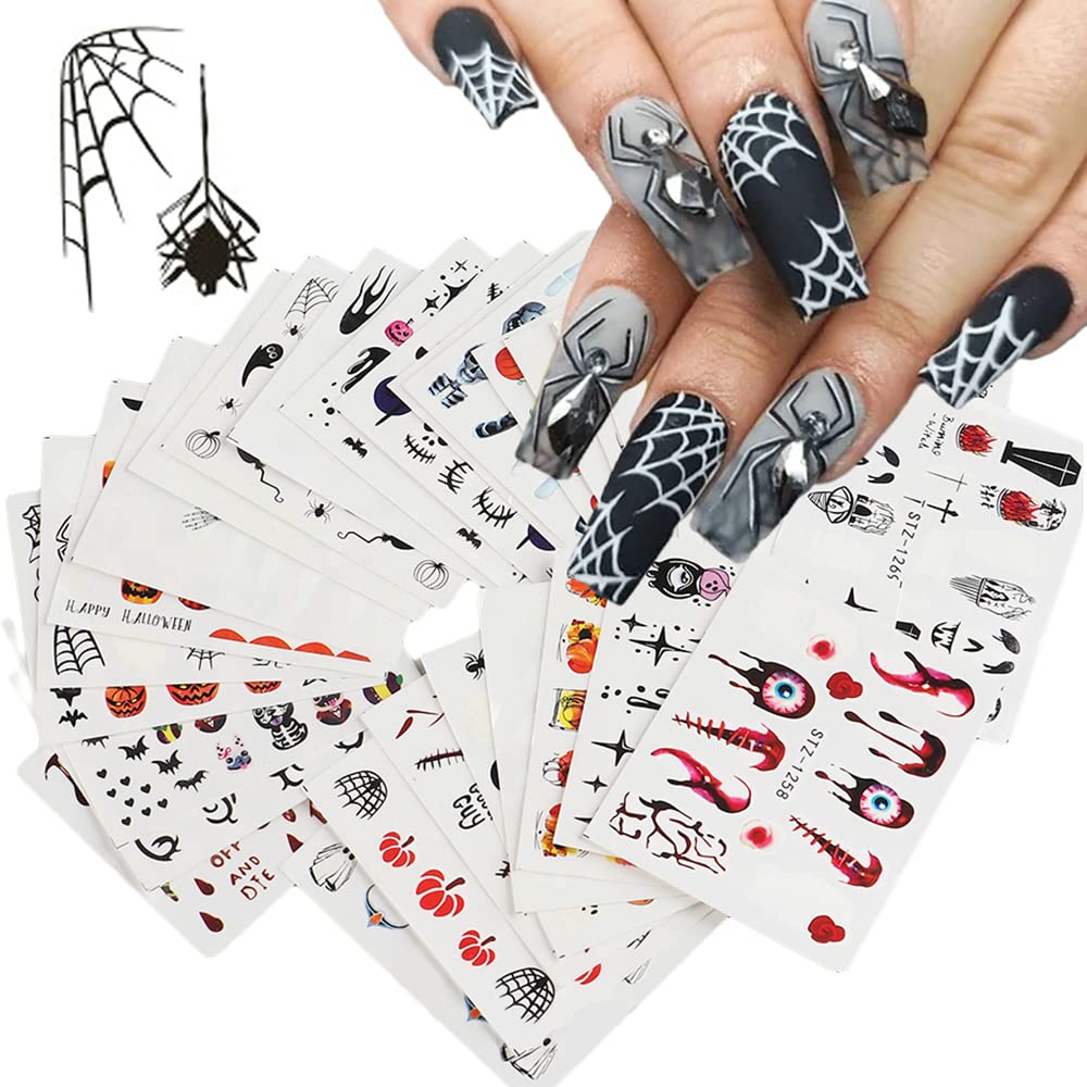 Jukupoa Halloween Nail Art Stickers - 24 Sheets Pumpkin Skull Spider Web Designs For Manicure