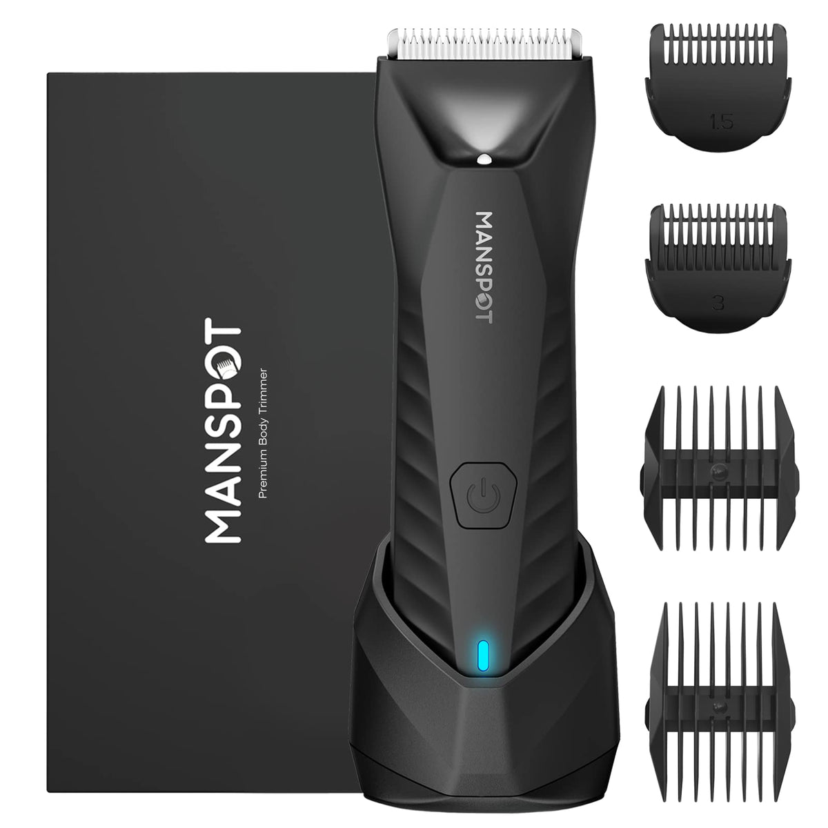 Manspot Waterproof Body & Pubic Hair Trimmer For Men, Ceramic Blades, Recharge Dock, Black