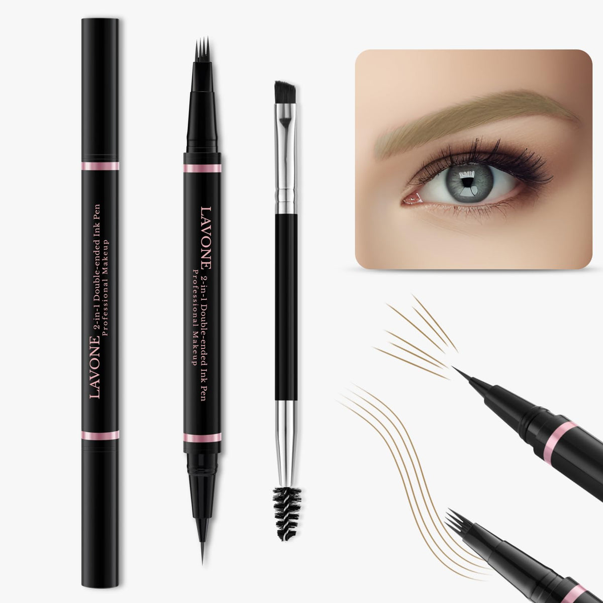 Lavone 2-In-1 Eyebrow Pencil & Pen, Waterproof, Dark Blonde, Ultra-Precise With Brush